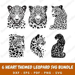 Può includere: Un set di sei design SVG di silhouette di leopardo in bianco e nero. Ogni design presenta un leopardo con un motivo a forma di cuore. I design sono perfetti per l'artigianato, lo scrapbooking e altri progetti creativi.