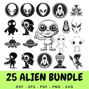 May include: A set of 25 black and white alien-themed vector illustrations. The illustrations include aliens, spaceships, and other extraterrestrial imagery. The illustrations are perfect for use in digital projects, such as websites, social media, and presentations.