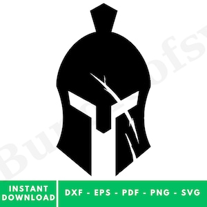 May include: A black Spartan helmet design with a distinctive T-shaped visor and a crest. The helmet has a cracked texture, giving it a battle-worn appearance. The words "INSTANT DOWNLOAD" and file type options are displayed.