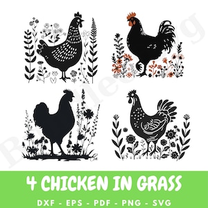 4 Chicken SVG Bundle, Chicken Svg, Chicken in Grass Svg Bundle, Floral Chicken svg, Cut files for Cricut.  Eps, Svg, Pdf, Png, Dxf,