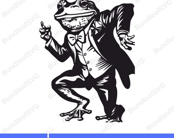 Könnte beinhalten: Schwarz-Weiß-Illustration eines Frosches im Smoking und Fliege, der mit erhobenem Arm tanzt. Das Bild enthält den Text "INSTANT DOWNLOAD" und Dateitypoptionen: DXF, EPS, PDF, PNG und SVG.