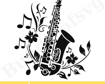 Floral Saxophone SVG, Saxophone with Flower svg, Music SVG design, Musician svg, Saxophone Silhouette, Saxophone Clipart, Svg Cut Files