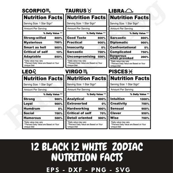 Zodiac Nutrition Facts SVG Bundle, Zodiac sign svg, Zodiacs sign svg, Nutritional facts, Zodiac svg, Horoscope