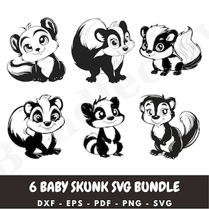 Peut inclure: Un ensemble de six illustrations vectorielles en noir et blanc de bébés mouffettes. Les mouffettes sont dans différentes poses, y compris assises, debout et marchant. Les illustrations sont parfaites pour une utilisation dans l'artisanat, le scrapbooking et d'autres projets créatifs.