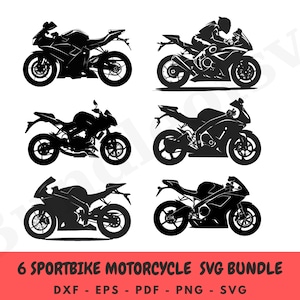 May include: A set of six black silhouette illustrations of sportbikes. The motorcycles are in various poses, some with riders and some without. The illustrations are perfect for use in digital designs, crafts, and other projects.