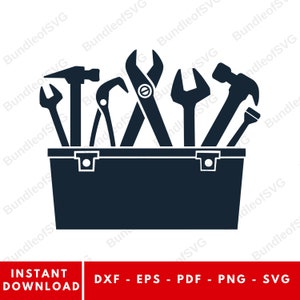 May include: A dark blue toolbox filled with various tools, including a hammer, spanners, and pliers. The tools are arranged neatly inside the box. The bottom of the image has the text "INSTANT DOWNLOAD" and "DXF - EPS - PDF - PNG - SVG".