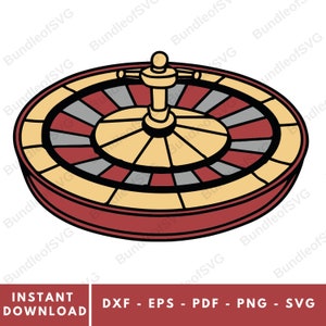 May include: A vector illustration of a roulette wheel, featuring a red and yellow color scheme. The wheel has a central spindle and is divided into numbered sections. The image includes the text "INSTANT DOWNLOAD" and file type options.