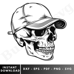 May include: Black and white illustration of a skull wearing a baseball cap. The skull is detailed with visible teeth and facial features. The cap is angled, and the image includes the words "INSTANT DOWNLOAD" and file type options.