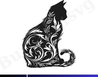 Floral Cat SVG, Floral Kitten svg, Cat Lover svg, Cat Mama svg, Flourish svg, Cat With Flower, Cut File Cricut, Dxf Eps Png Pdf Svg