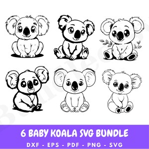 May include: A set of six black and white illustrations of baby koalas. Each koala is sitting with its arms crossed and has a cute, cartoonish expression. The illustrations are perfect for use in crafting projects, scrapbooking, or digital design.