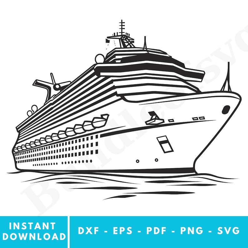 Op de afbeelding: Een zwart-witte lijntekening van een cruiseschip dat op zee vaart. Het schip heeft meerdere dekken en een grote, afgeronde boeg.