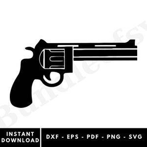 May include: A black silhouette of a revolver pistol.