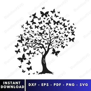 May include: A black silhouette of a tree with a thick trunk and many branches. The branches are covered in a cluster of butterflies. The butterflies are all facing outward from the tree.