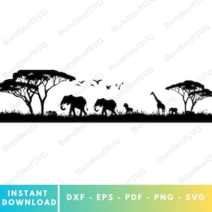 May include: Black silhouette of two elephants, a giraffe, a lion, and birds walking through a savanna with two acacia trees.