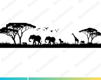Safari Silhouette Print - African Wildlife Poster -Safari Animals Svg - Elephant Svg - Giraffe Svg - Svg Files for Cricut - Digital Download