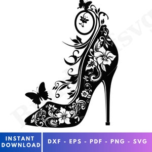 Salto alto floral SVG, clipart de salto alto, sapatos femininos Svg, flor de salto alto svg, moda svg, borboleta fashion Svg, arquivos de corte Svg #1