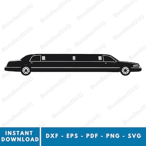 Può includere: Una silhouette nera di una limousine con un corpo lungo e più finestre. L'auto è rivolta a destra e ha una porta lato conducente aperta.