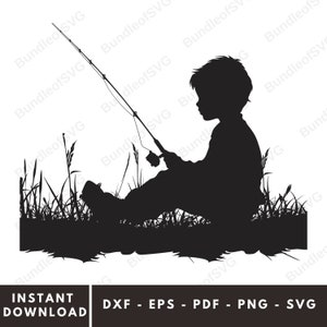 May include: A black silhouette of a person fishing, seated in tall grass, holding a fishing rod. The image includes the text "INSTANT DOWNLOAD" and file type options: DXF, EPS, PDF, PNG, and SVG.