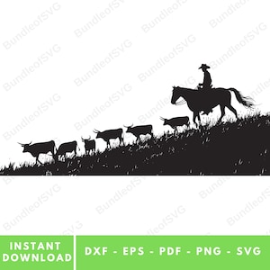 Cowboy pastoreando gado SVG - Western Ranch Clipart - Cowboy Svg - Cowboy Clipart - Arquivos cortados para Cricut & Silhouette - Download digital