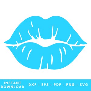 May include: A bright blue silhouette of a pair of lips in a kissing shape.