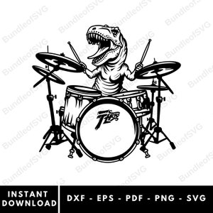 May include: A black and white illustration of a dinosaur playing a drum set. The dinosaur is sitting on a drum throne and has its mouth open as if it is singing. The drum set has a bass drum, a snare drum, and two cymbals.
