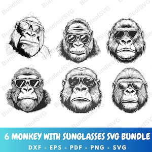 May include: Set of six black and white illustrations of monkeys wearing sunglasses. Each monkey has a different expression. The illustrations are in a vintage style.