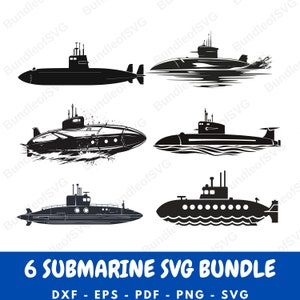May include: A set of six black and white silhouette submarine SVG files. The submarines are in various positions and styles, including a submarine with a periscope, a submarine with a propeller, and a submarine with a torpedo.