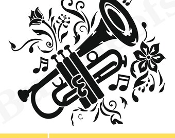 Floral Trumpet SVG, Trumpet with Flower svg, Music SVG design, Musician svg, Flower Trumpet Svg, Trumpet Silhouette,  Svg Files for Cricut