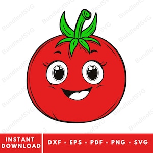 Peut inclure: Une tomate de dessin animé avec un visage souriant, de grands yeux et une tige verte. La tomate est rouge avec des contours noirs. L'image comprend le texte "TÉLÉCHARGEMENT INSTANTANÉ" et les options de type de fichier : DXF, EPS, PDF, PNG et SVG.
