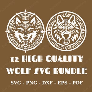 May include: A set of 12 high-quality wolf SVG files. The image shows two white wolf heads with intricate designs, surrounded by circular patterns. The text "12 HIGH QUALITY WOLF SVG BUNDLE" is displayed below the images, along with "SVG - PNG - DXF - EPS - PDF".