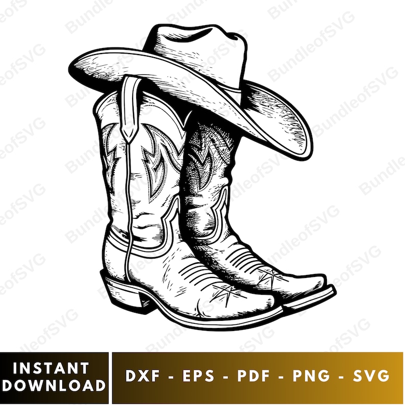 Op de afbeelding: Zwart-wit illustratie van een cowboyhoed op een paar cowboylaarzen. De laarzen hebben decoratieve stiksels en spitse tenen. De afbeelding bevat de tekst "INSTANT DOWNLOAD" en bestandstype-opties.