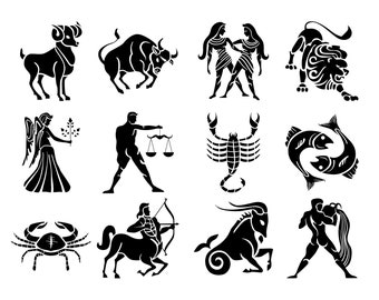 Puede incluir: Ilustraciones en blanco y negro de los doce signos del zodíaco. Los signos se representan en un estilo gráfico estilizado.