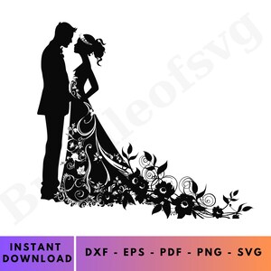 Pareja de bodas Svg, Novia y novio Svg, Corazón de boda Svg, Imágenes Prediseñadas de boda, Silueta de pareja, Pareja casada Svg, Archivos de corte SVG #5