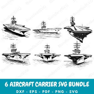 Op de afbeelding: Een set van zes zwart-witte lijntekeningen van vliegdekschepen. De vliegdekschepen worden vanuit verschillende hoeken getoond, waaronder zij-, voor- en achteraanzichten. De tekeningen zijn eenvoudig en gedetailleerd en tonen de basiskenmerken van de schepen.