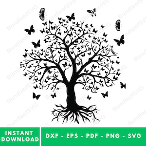 Puede incluir: Una silueta negra de un árbol con raíces intrincadas y muchas mariposas que lo rodean. El árbol es un símbolo de vida, crecimiento y transformación.