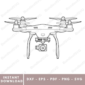 Può includere: Un disegno in bianco e nero di un drone con quattro eliche e una telecamera attaccata alla parte inferiore.