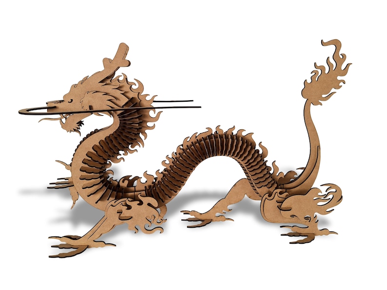 May include: A wooden dragon sculpture with a circular top, perfect for displaying small items. The dragon is intricately carved with detailed scales and flames.