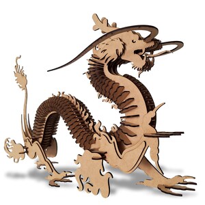 May include: A wooden dragon sculpture with intricate details. The dragon is curled up in a defensive position with its head raised and its wings spread out. The sculpture is made of light brown wood and has a natural finish.