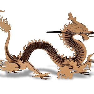 May include: A brown wooden dragon sculpture with intricate details. The dragon is curled up in a defensive position with its head raised and its tail curled around its body.