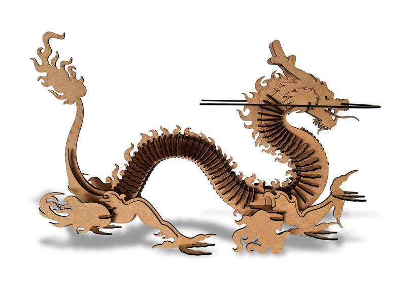 May include: A brown wooden dragon sculpture with intricate details. The dragon is curled up in a defensive position with its head raised and its tail curled around its body.
