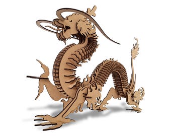 May include: A wooden dragon sculpture with intricate details, crafted from natural wood. The dragon is posed in a coiled position with its head raised and its wings spread.