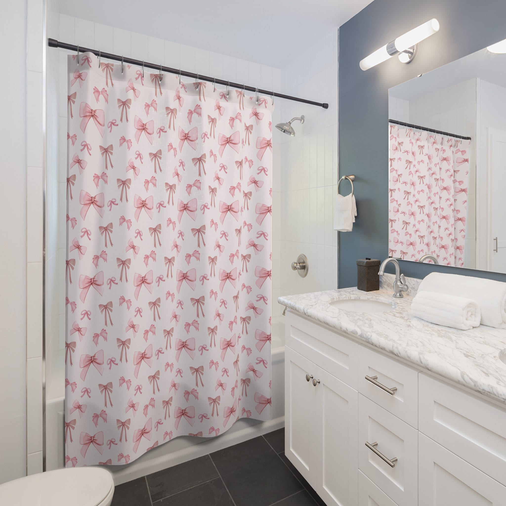 Bow Cute Pink Shower Curtain, Preppy Girly Pink Shower Curtain Set Bow