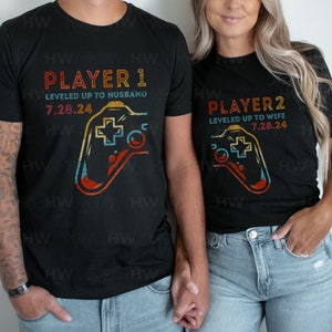 Leveled Up to Husband Shirt, Leveled Up to Wife Gamer Tee, Wedding Date Gamer T-shirt, First Christmas Ornament, Gamer Couple Shirts