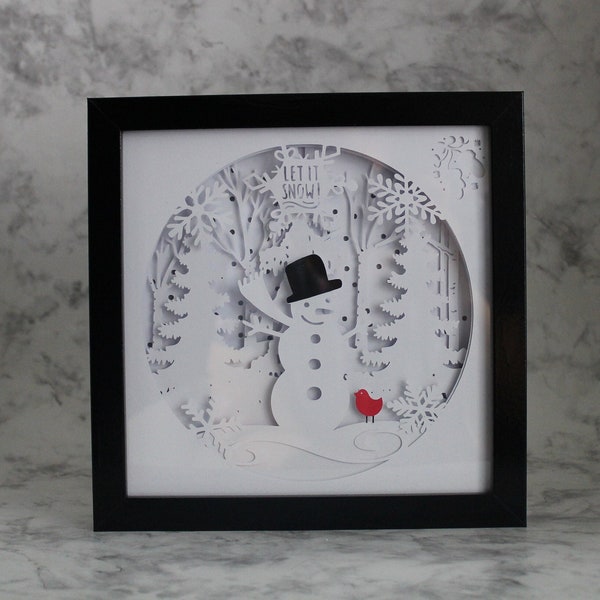 Snowman, Let it Snow, Winter Scene, 3D Shadow box, 3D Paper Art, Light box, LED Fairy Lights, Paper Cut, Winter Decor