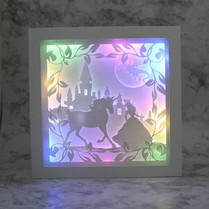 Unicorn, Princess, Dragon, Castle, Shadow box, 3D Art, Light box, Paper Art, Fairy tale, Storybook, Diorama, Led Fairy Light, Gift