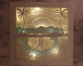 Meerjungfrau und Prinz, Unterwasser/Sonnenuntergang Szene, 3d Schattenbox, Leuchtkasten, Wandkunst, Diorama, LED-Licht, Hochzeit, Brautparty, Geschenk, Fantasy