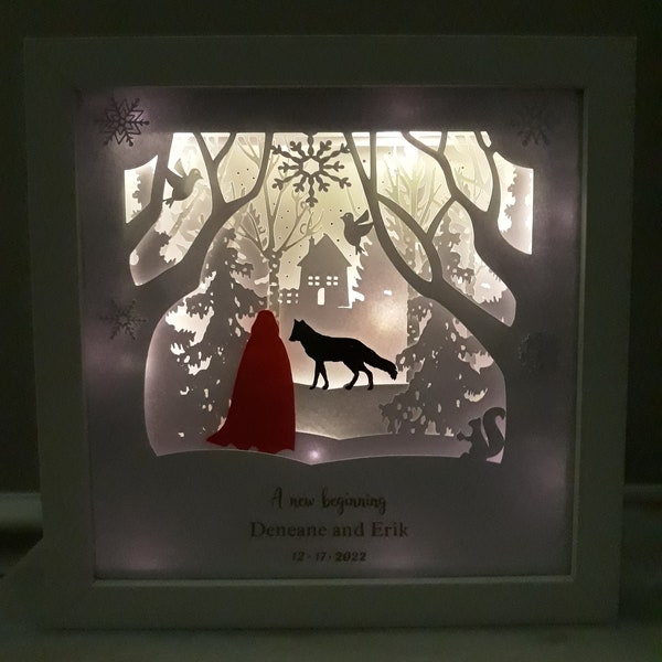 Little Red in the Forest, 3D Shadow box, Winter scene decor, Layered Paper Art, LED light box, Personalized gift, Wedding, Anniversary