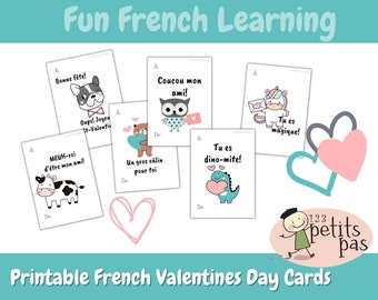 Assorted French Valentine's Day printable Cards for school, friend and family