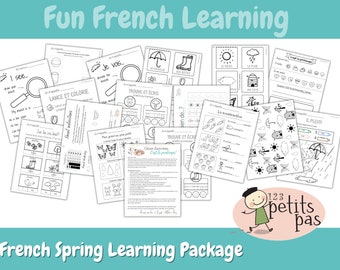 May include: A collection of black and white printable French learning worksheets for kids. The worksheets feature various themes, including spring, weather, and numbers. The worksheets are designed to help children learn French vocabulary and grammar.