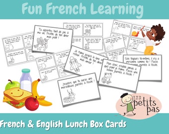 May include: Black and white printable lunchbox cards with French and English phrases. The cards feature illustrations of a unicorn, a rocket, a caterpillar, a frog, and a snail. The cards are designed to be used as a fun way to encourage children to learn French.